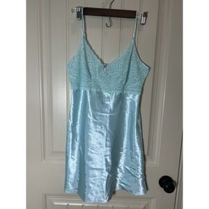 Nine & Co.Women Nightgown Satin Mini Dress Sz M Aqua Blue Coquette Babydoll Lace